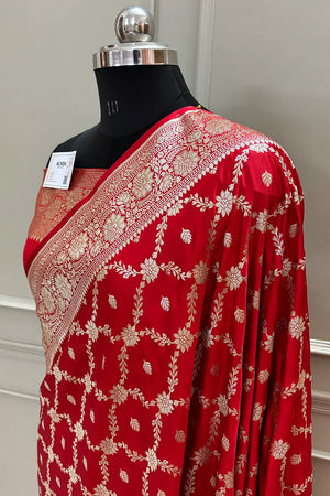 Red Qaidi Buti Katan Silk Banarasi Saree