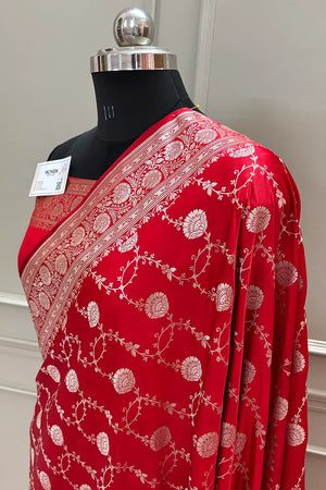 Red Ropeway Jaal Katan Silk Banarasi Saree