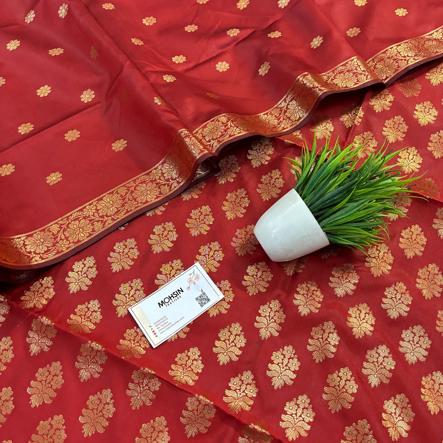 Red Tri Phool Satin Silk Banarasi Suit