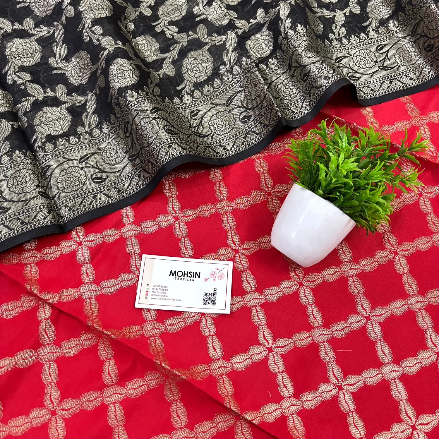 Red and Black Zanjeer Satin Silk Banarasi Suit