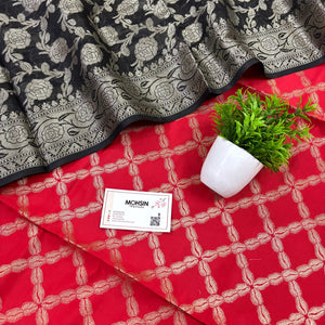 Red and Black Zanjeer Satin Silk Banarasi Suit