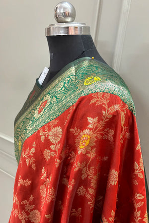 Red and Bottle Green Golden Zari Silky Banarasi Saree