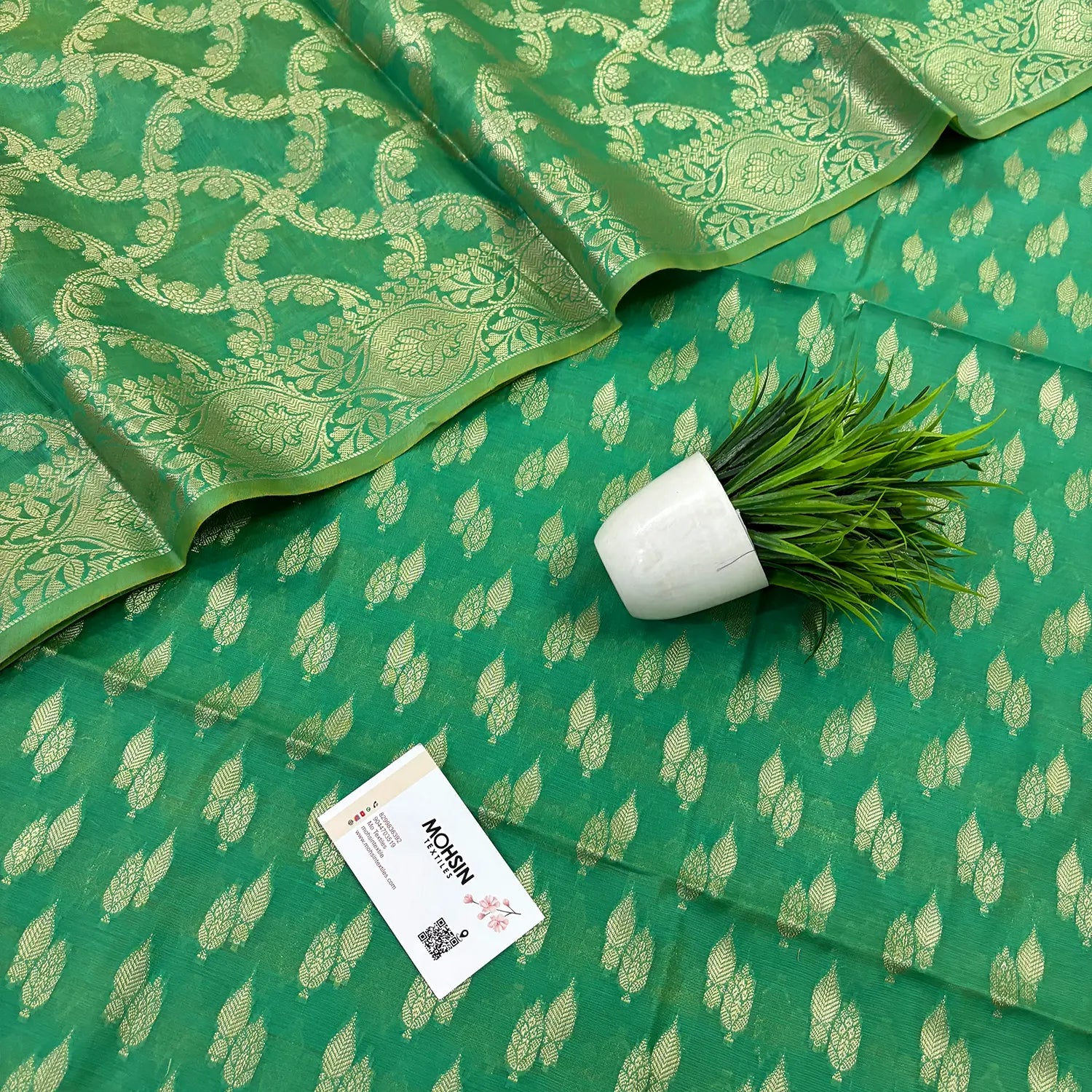 Sea Green Golden Zari Resham Silk Banarasi Suit