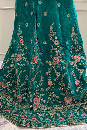 Sea Green and Red Zariwork Semi Stitched Velvet Lahenga