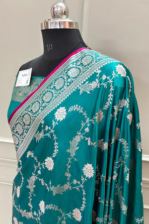Teal Makra Jaal Katan Silk Banarasi Saree