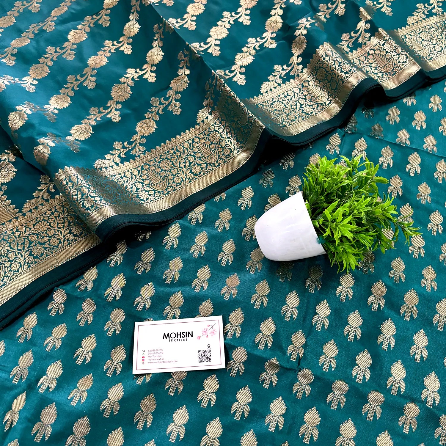 Teal Rocket Buti Satin Silk Banarasi Suit