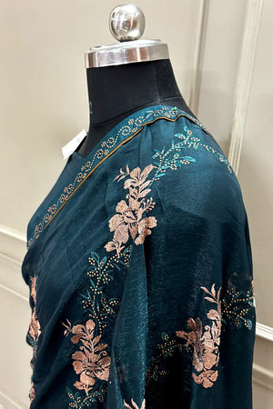Teal Embordiery Siroski Work Georgette Silk Saree