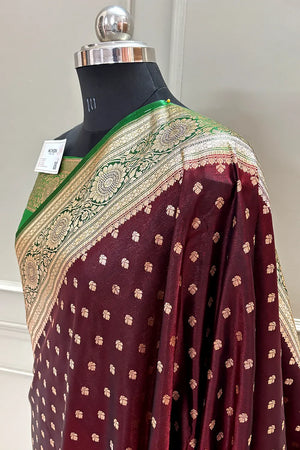 Wine and Green Makkhi Buti Katan Silk Banarasi Saree