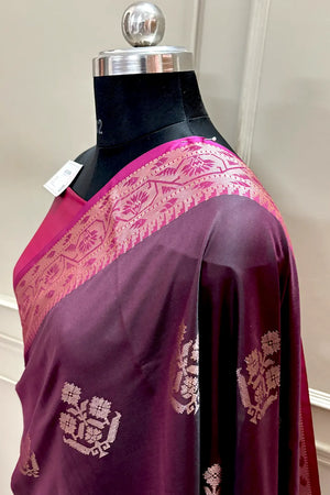Wine and Pink Golden Zari Banarasi Silk Saree