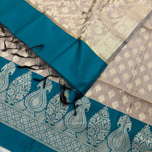 Beige and Teal Kalgha Patta Banarasi Silk Suit