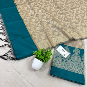 Beige and Teal Kalgha Patta Banarasi Silk Suit