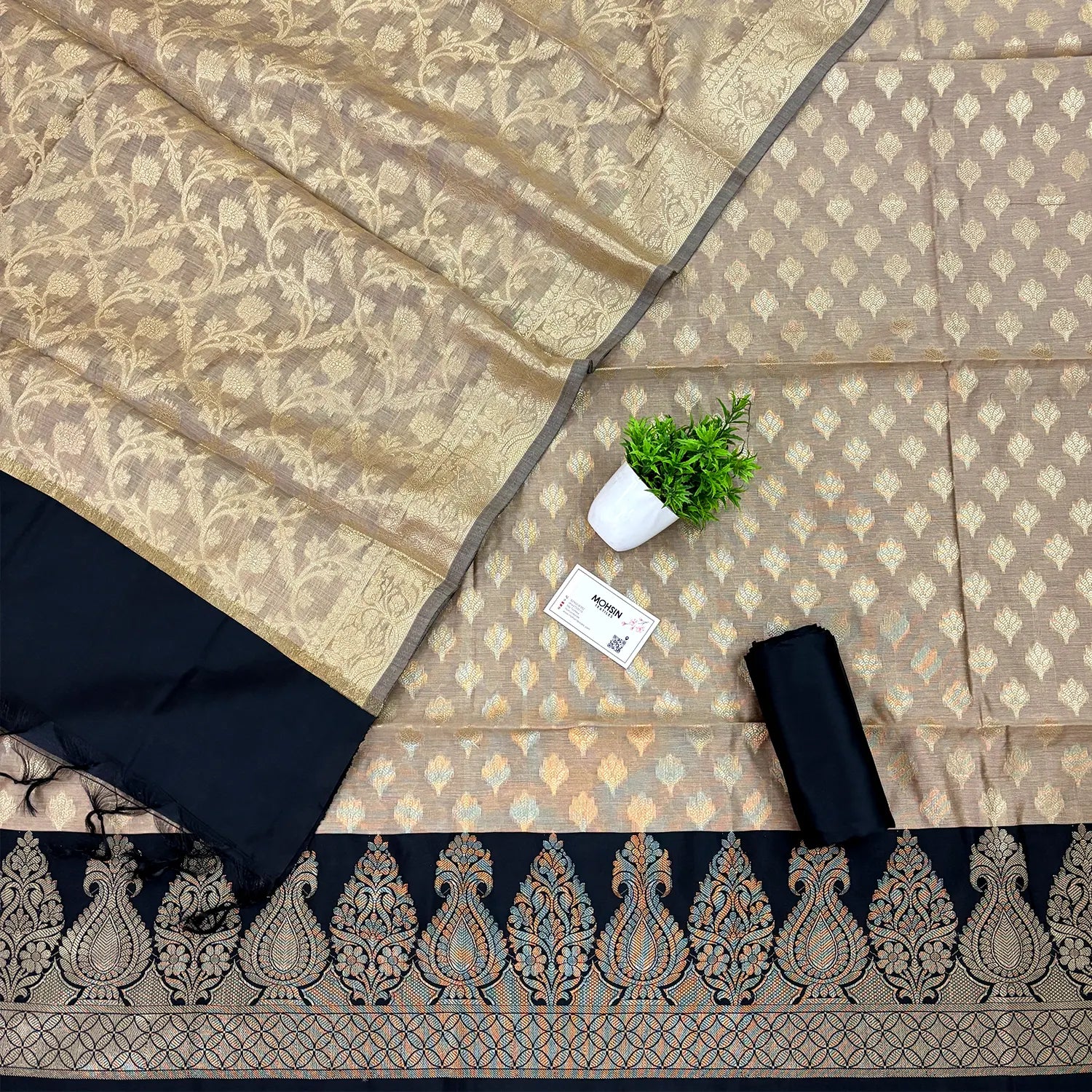Beige and Black Kalgha Patta Banarasi Silk Suit
