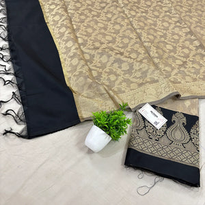 Beige and Black Kalgha Patta Banarasi Silk Suit