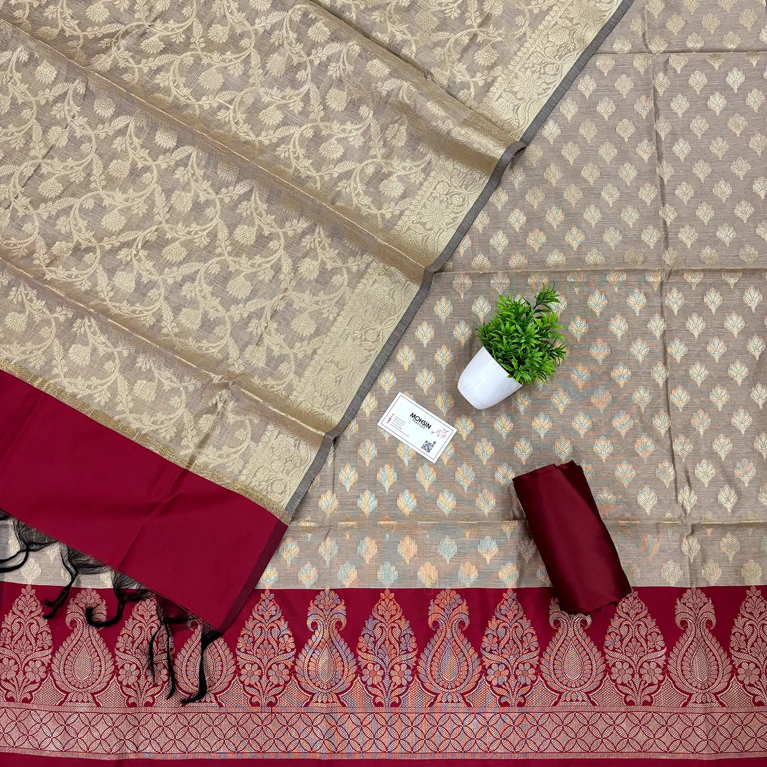 Beige and Maroon Kalgha Patta Banarasi Silk Suit