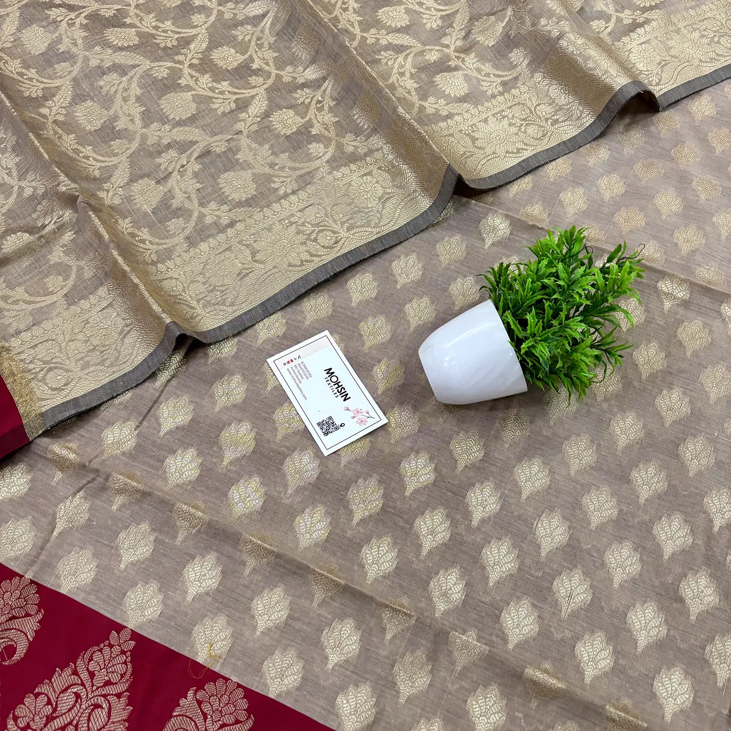 Beige and Maroon Kalgha Patta Banarasi Silk Suit