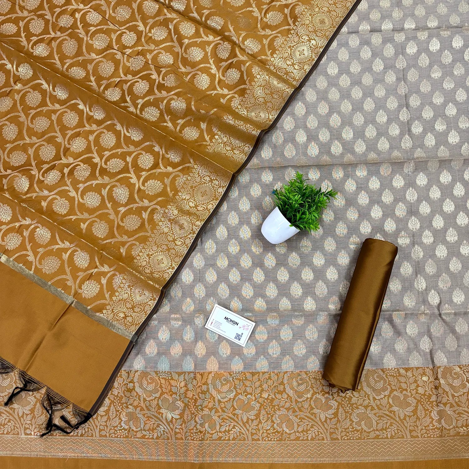 Beige and Mustard Gulkan Buti Satin Silk Banarasi Suit