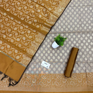 Beige and Mustard Gulkan Buti Satin Silk Banarasi Suit
