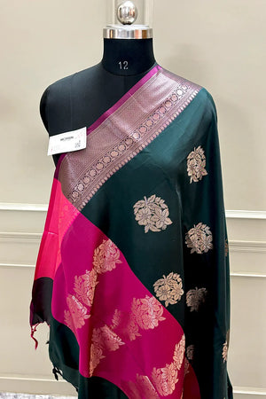 Bottle Green and Pink Golden Zari Banarasi Silk Saree