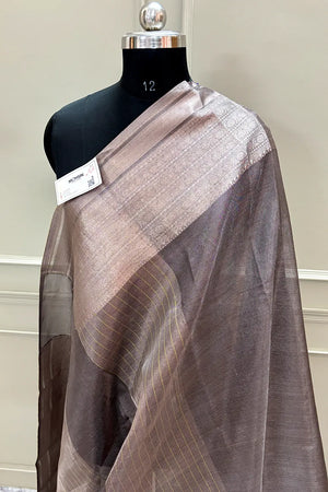 Brown Golden Zari Tissue Silk Banarasi Saree