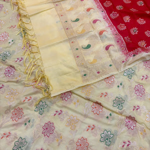 Cream and Red Golden Zari Katan Silk Banarasi Saree