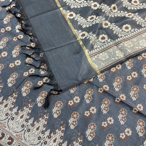 Grey Fan Flower Banarasi Silk Suit
