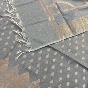 Grey Golden Zari Linen Silk Banarasi Suit