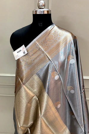 Grey Golden Zari Tissue Silk Banarasi Saree