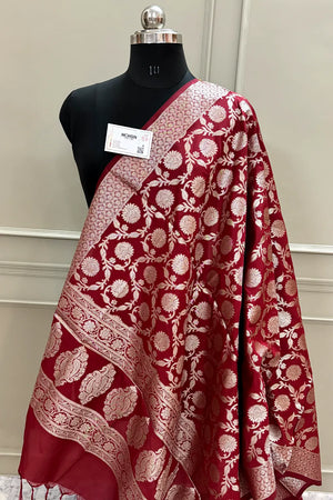 Maroon Golden Zari Katan Silk Banarasi Dupatta