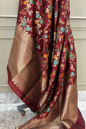 Maroon Golden Zari Katan Silk Banarasi Dupatta