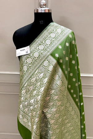 Mehendi Golden Zari Crepe Silk Banarasi Saree