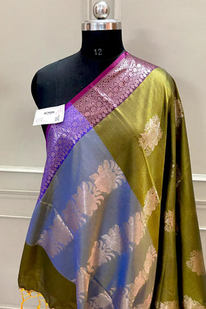 Mehendi and Blue Gulaboo Banarasi Silk Saree