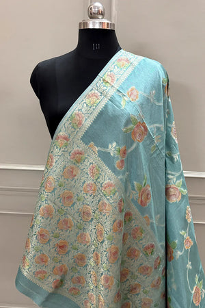 Mint Green Rosy Jaal Georgette Silk Banarasi Saree
