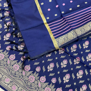 Navy Blue Golden Zari Satin Silk Banarasi Suit