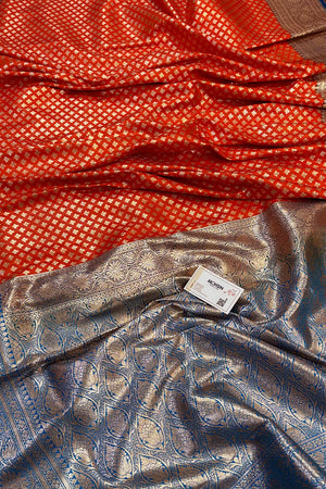 Orange and Blue Chidi Buti Katan Silk Banarasi Saree