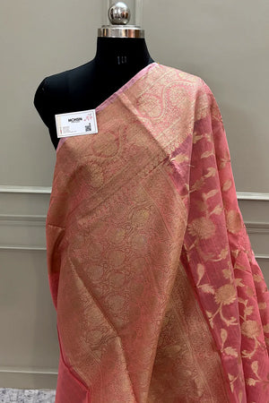 Peach Lotus Jaal Chanderi Silk Banarasi Saree