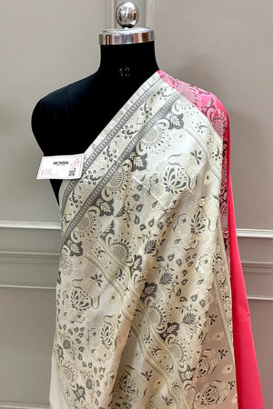 Peach and Beige Plain Resham Silk Banarasi Saree