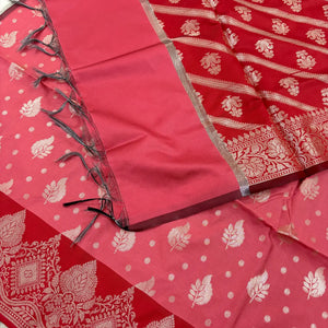 Peach and Red Pankh Buti Satin Silk Banarasi Suit