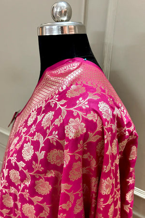 Pink Golden Zari Katan Silk Banarasi Dupatta