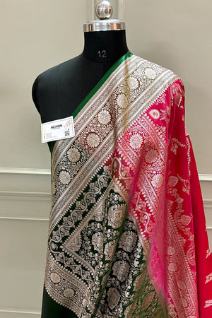 Pink and Bottle Green Golden Zari Katan Silk Banarasi Saree