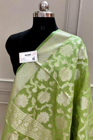 Pista Golden Zari Katan Silk Banarasi Dupatta