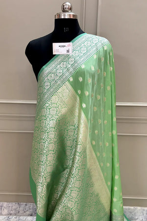 Pista and Dark Pista Ghonga Buti Katan Silk Banarasi Saree