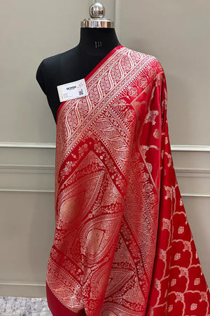 Red Mughal Mehrab Katan Silk Banarasi Saree