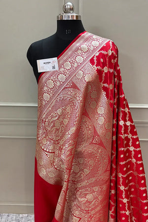 Red Qaidi Buti Katan Silk Banarasi Saree