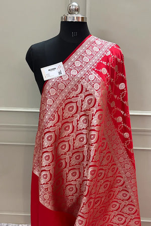 Red Ropeway Jaal Katan Silk Banarasi Saree