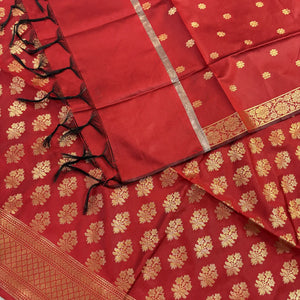 Red Tri Phool Satin Silk Banarasi Suit