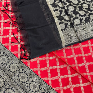 Red and Black Zanjeer Satin Silk Banarasi Suit