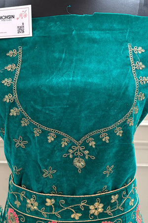 Sea Green and Red Zariwork Semi Stitched Velvet Lahenga