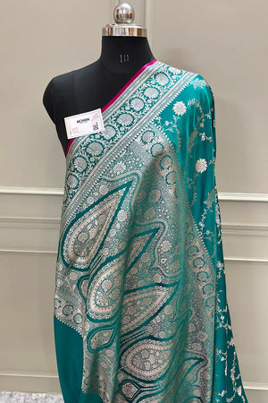 Teal Makra Jaal Katan Silk Banarasi Saree