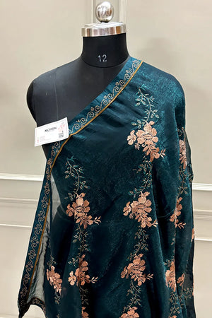 Teal Embordiery Siroski Work Georgette Silk Saree