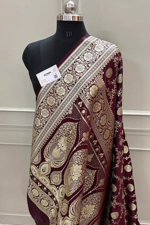 Wine Pankhuri Jaal Katan Silk Banarasi Saree